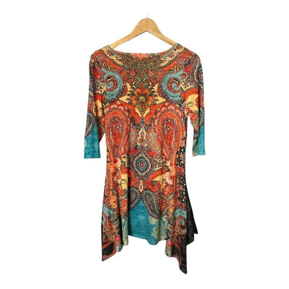 Amma Design Art To Wear Tunic Top Womens Artsy Floral Paisley Print Boho USA SzL - Picture 3 of 9